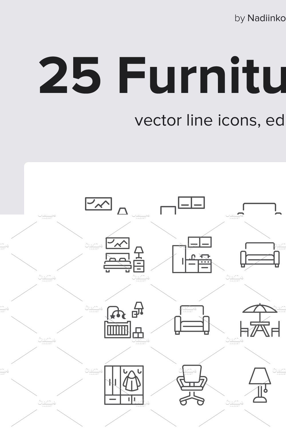 Furniture Line Icons pinterest preview image.