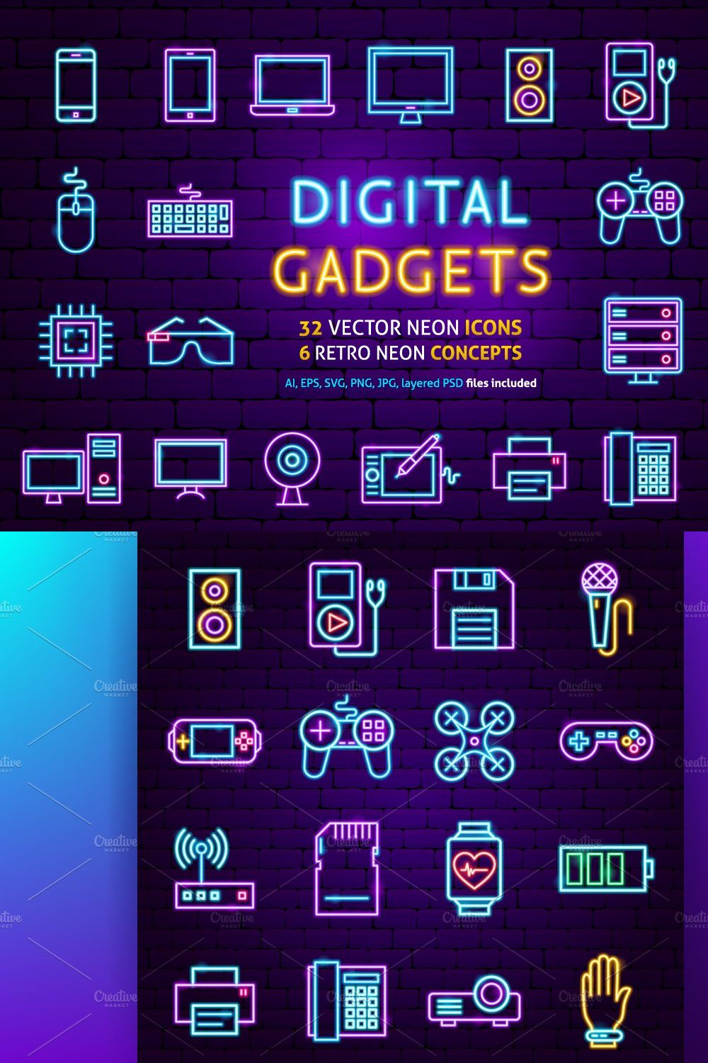 Gadgets Technology Neon Icons Set pinterest preview image.