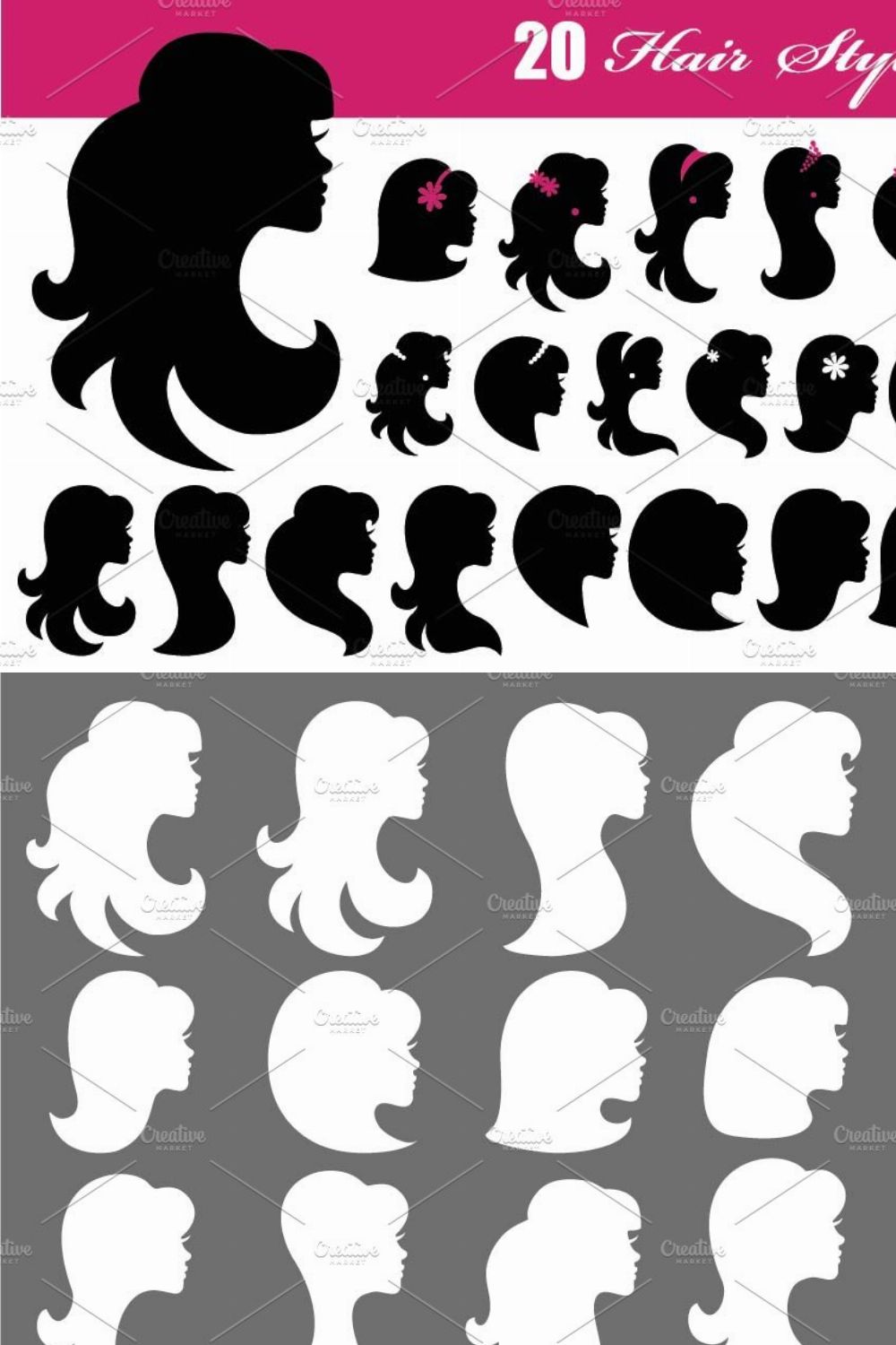 Girl face silhouette icon.Hair style pinterest preview image.