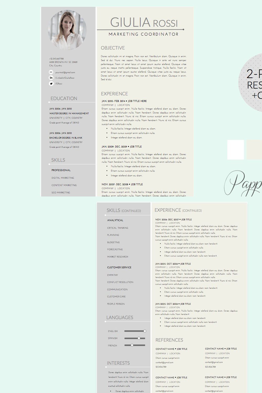 Giulia Rossi Resume Template + Cover pinterest preview image.