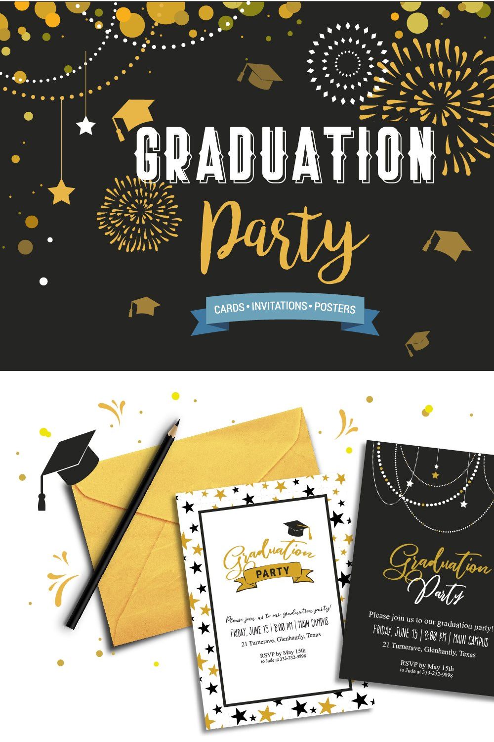 Graduation-invitations, card, poster pinterest preview image.