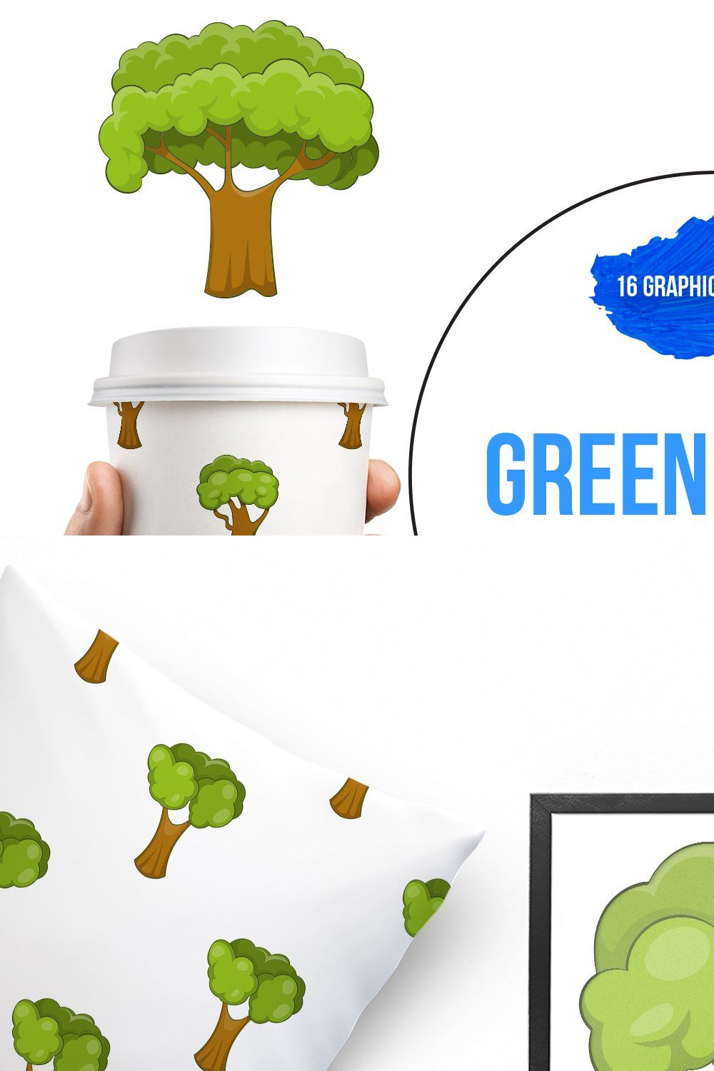 Green trees icons set, cartoon style pinterest preview image.