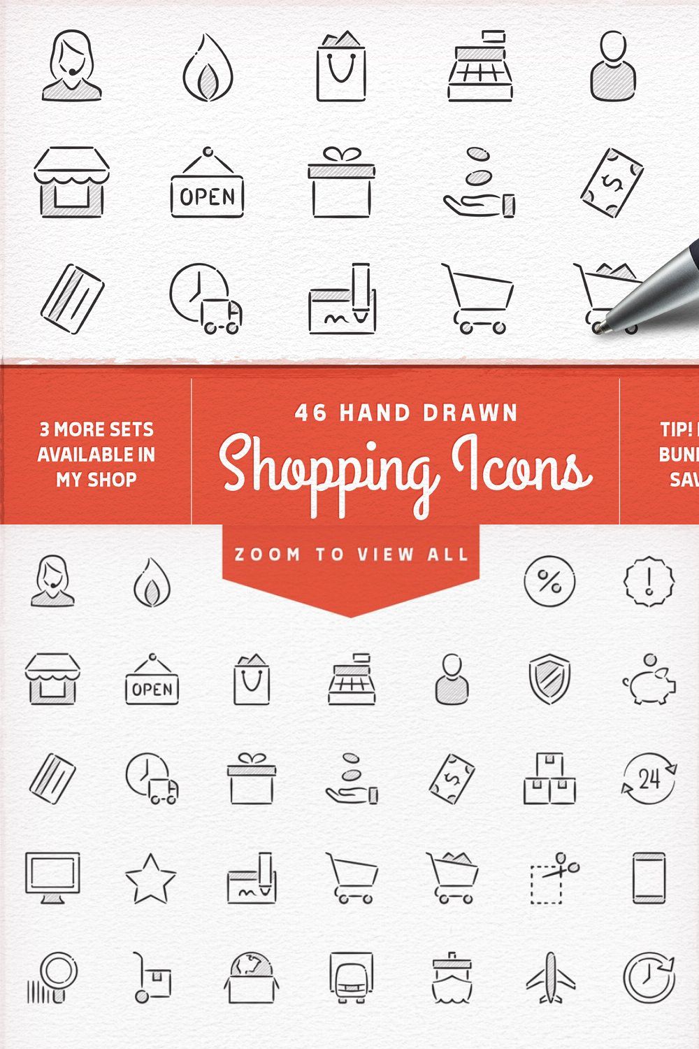 Hand Drawn Shopping Icons pinterest preview image.