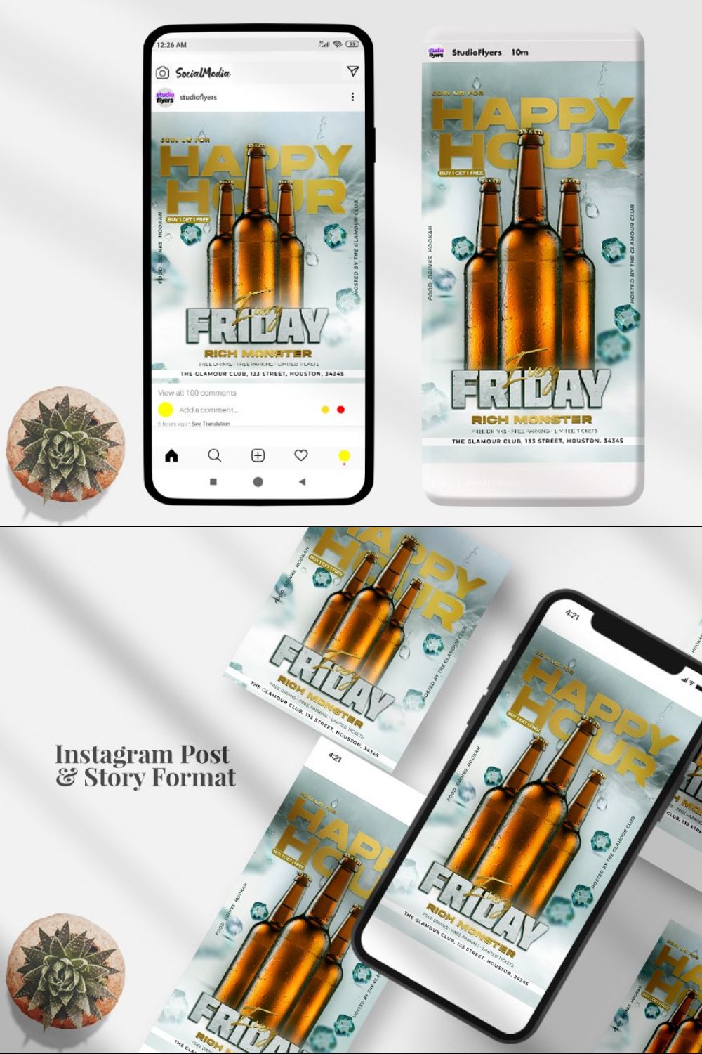 Happy Hours Instagram PSD Template pinterest preview image.