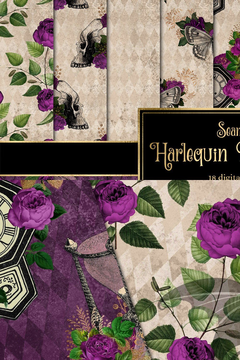 Harlequin Purple Rose Digital Paper pinterest preview image.