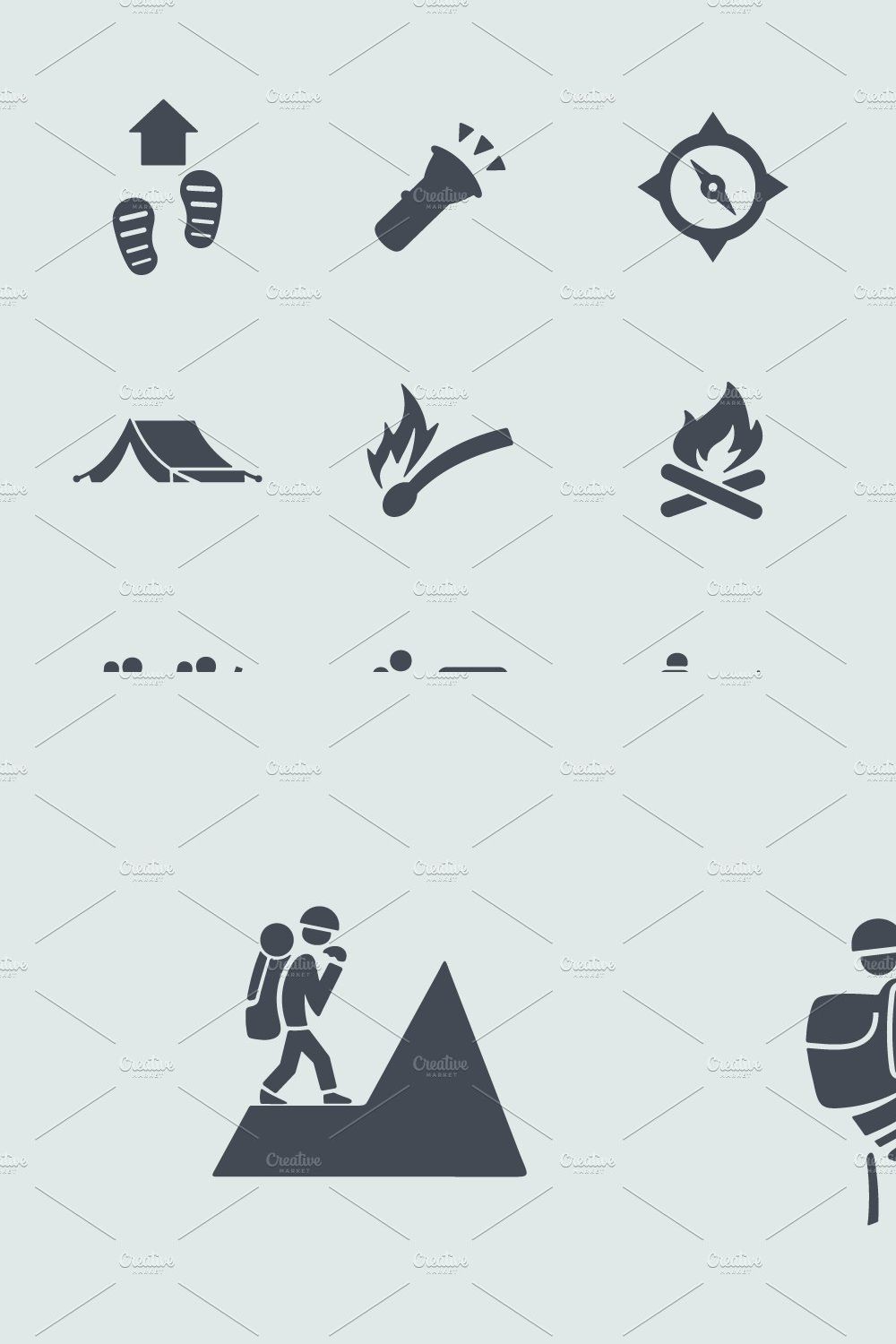 Hiking icons pinterest preview image.