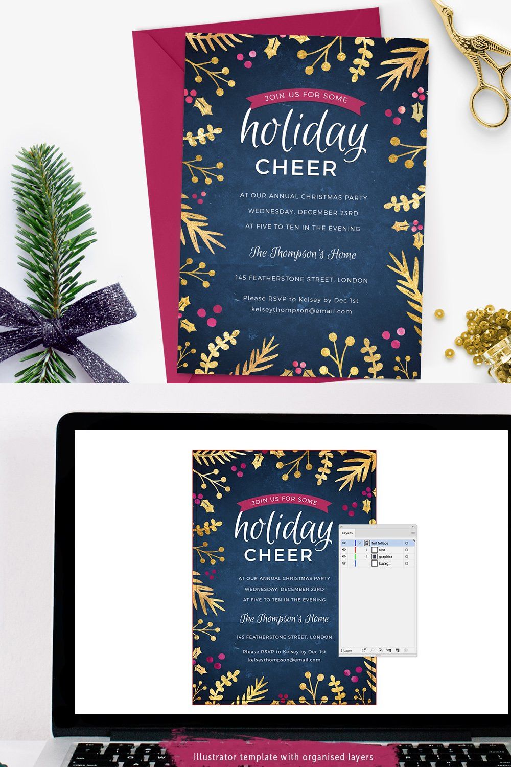 Holiday Party Invite - Foil Foliage pinterest preview image.