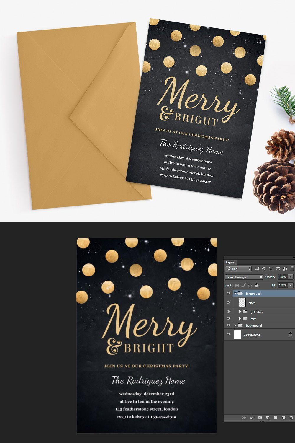 Holiday Party Invite - Gold Confetti pinterest preview image.