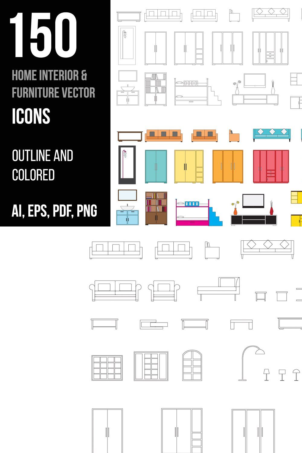 Home Interior Furniture Vector Icons pinterest preview image.