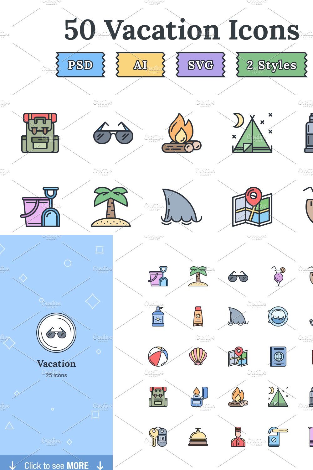 Hotel & Vacation flat landing icons pinterest preview image.