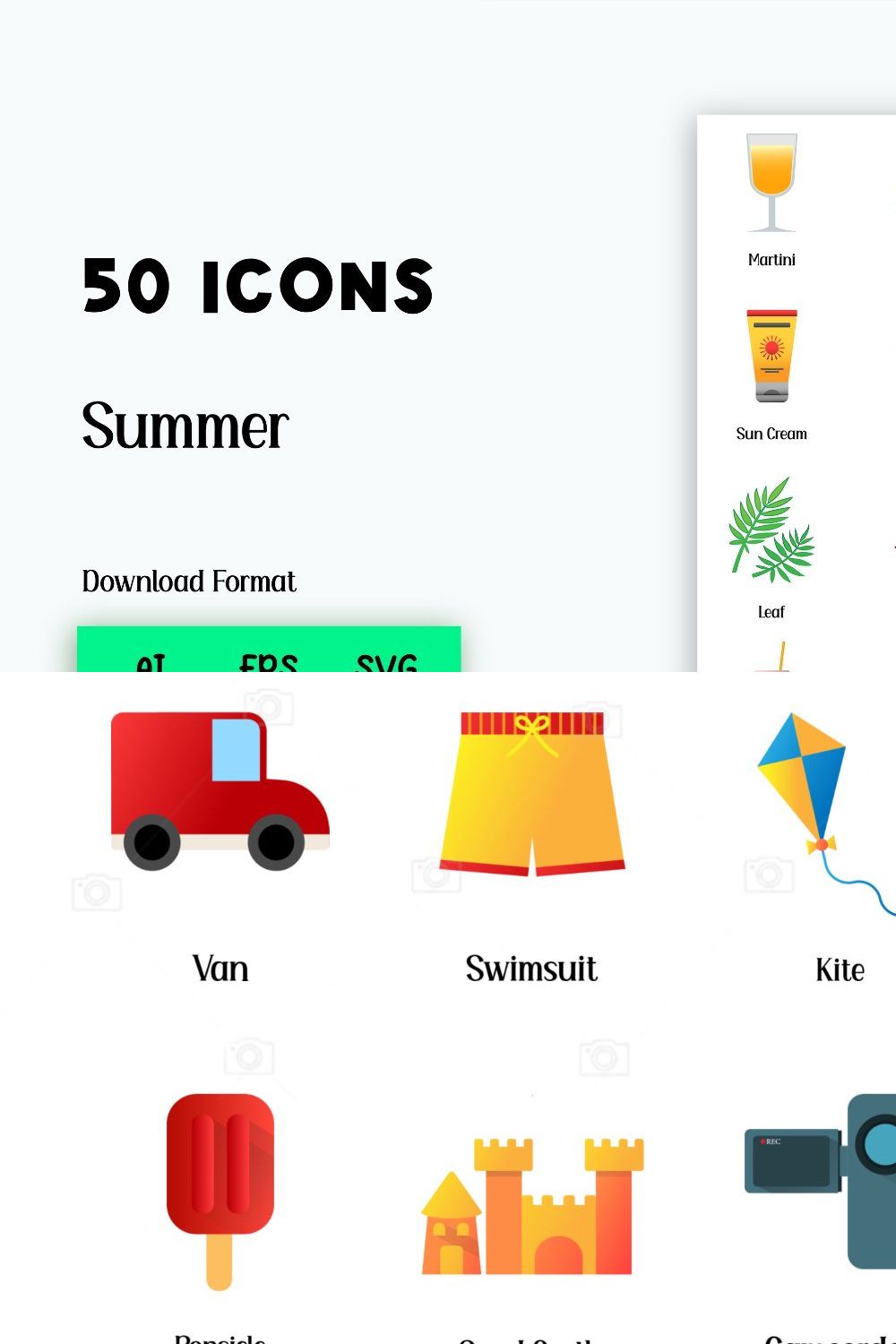 Icon Pack: 50 Summer Icons pinterest preview image.