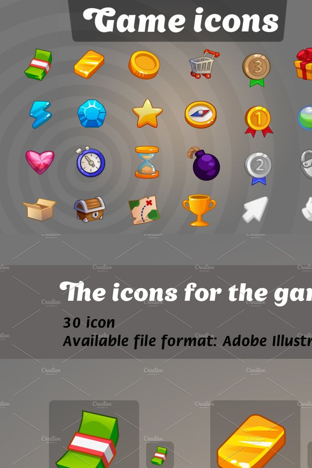 Icon set for UI mobile game pinterest preview image.
