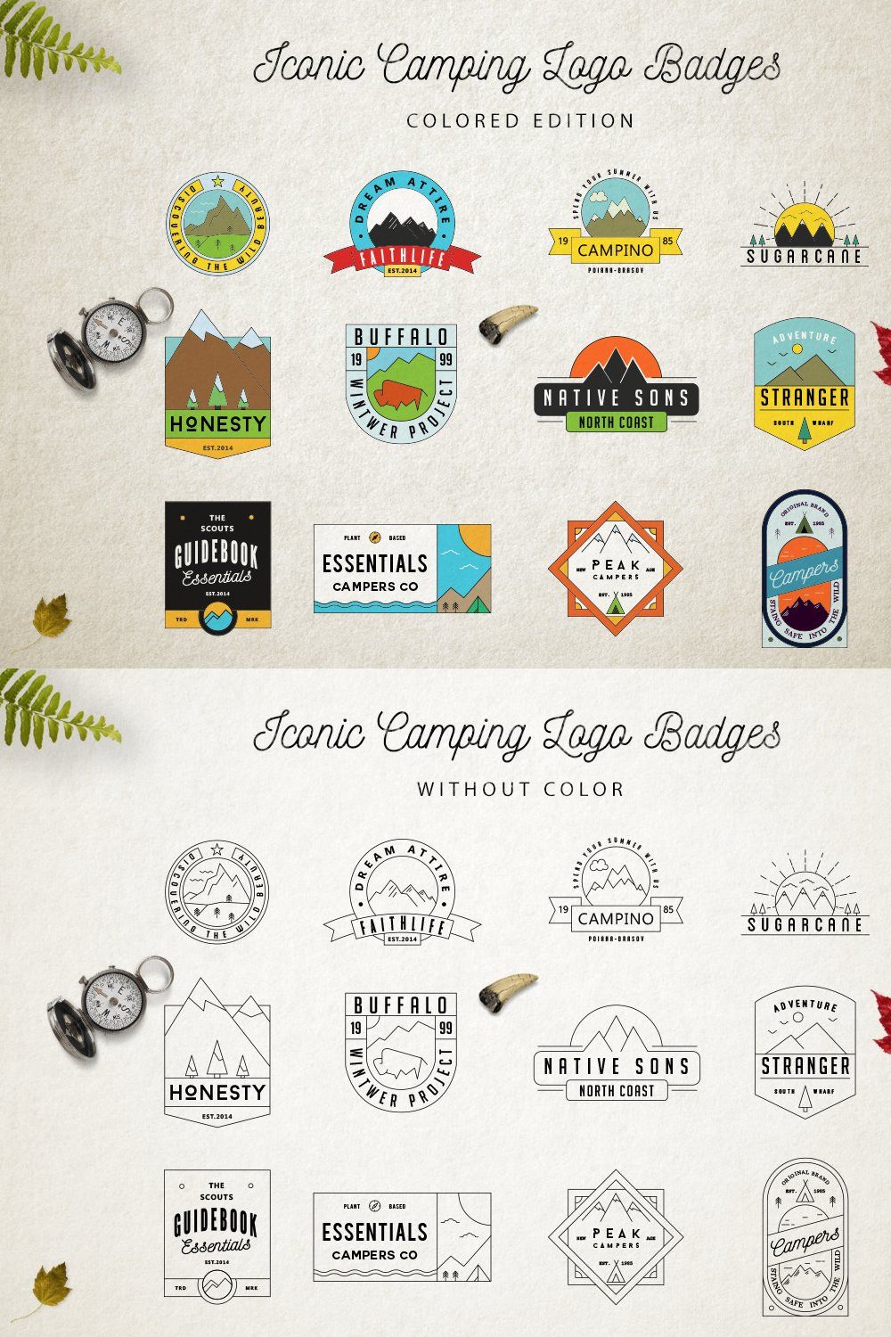 Iconic Camping Logo Badges 2 pinterest preview image.