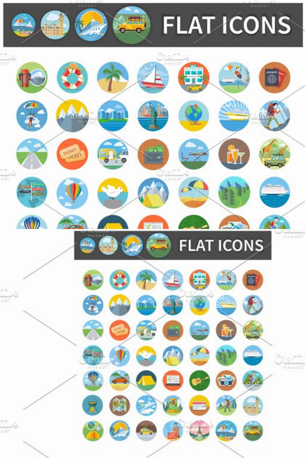Icons of Traveling, Vacation Tourism pinterest preview image.