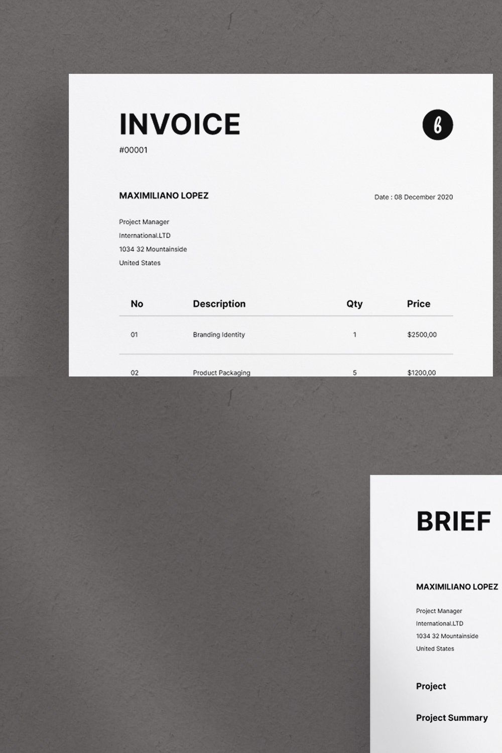 Invoice, Brief and Letterhead Design pinterest preview image.