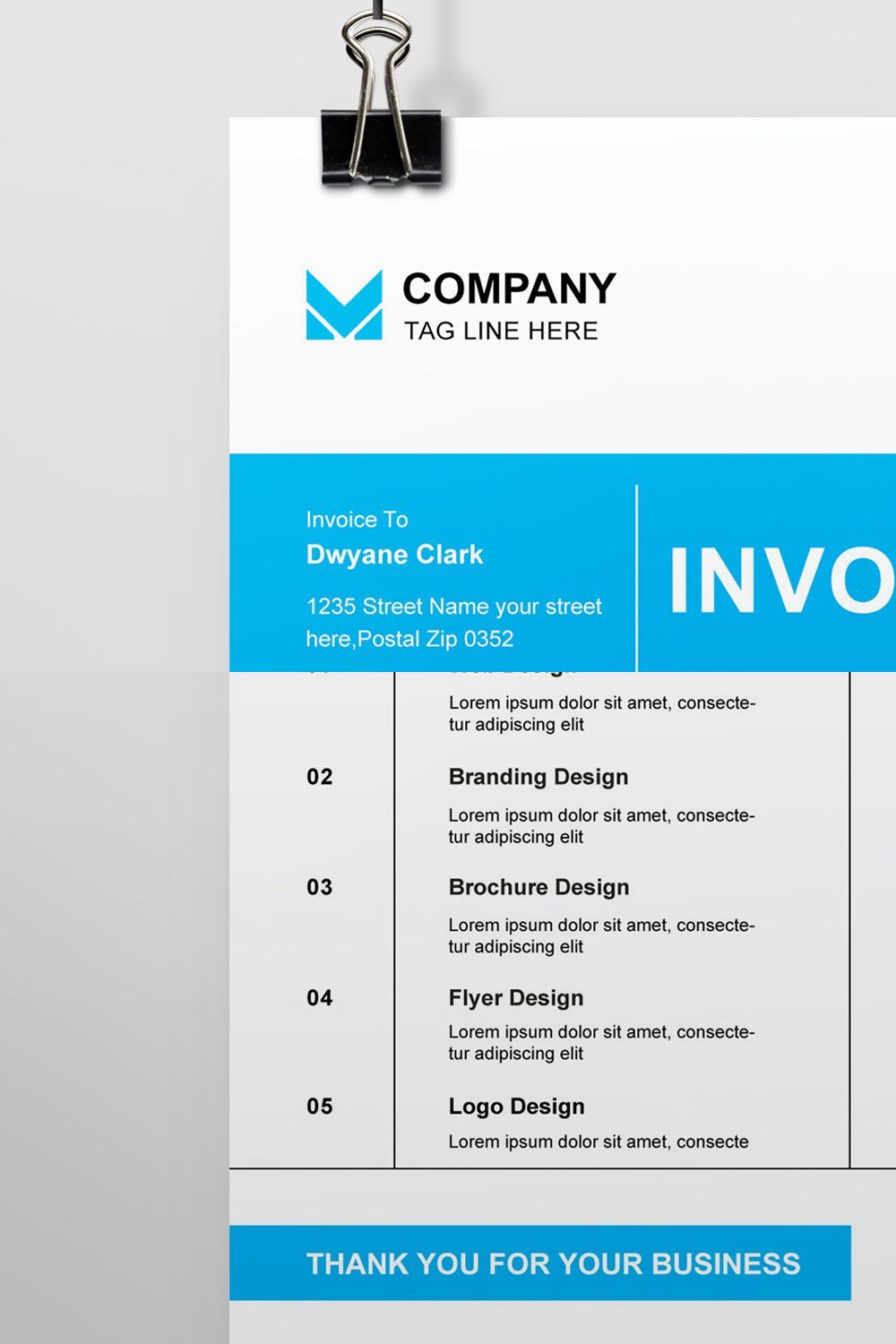 Invoice Layout with Blue Accents pinterest preview image.