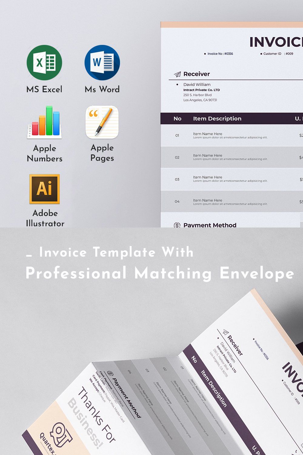Invoice Template Excel Word Pages pinterest preview image.