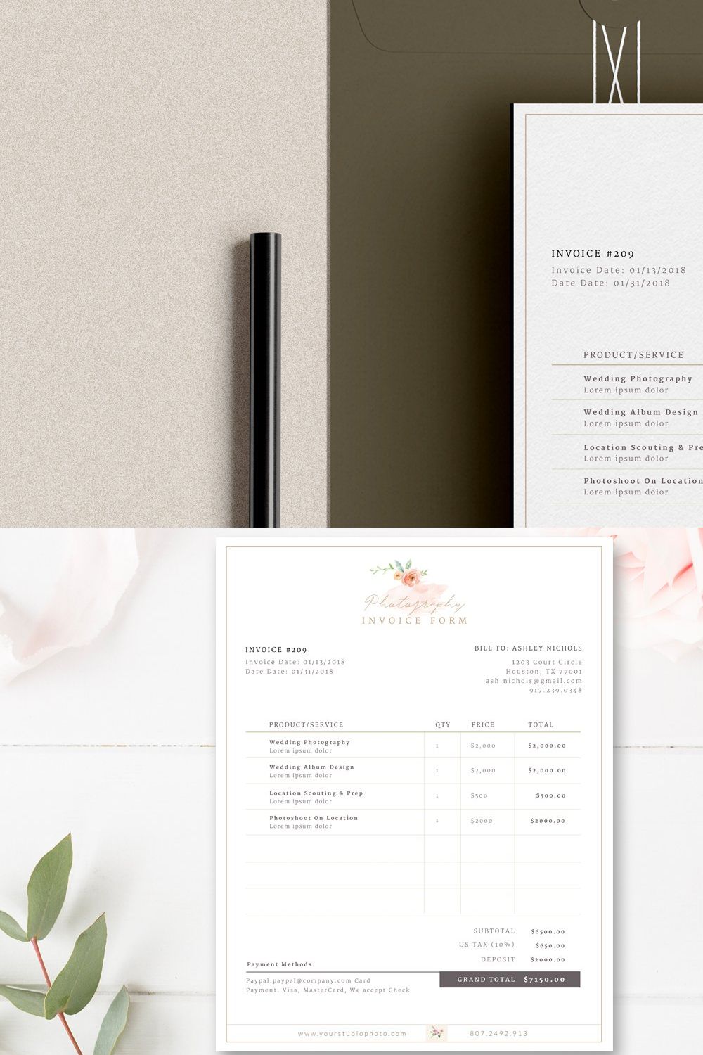 Invoice Template for Photographers pinterest preview image.