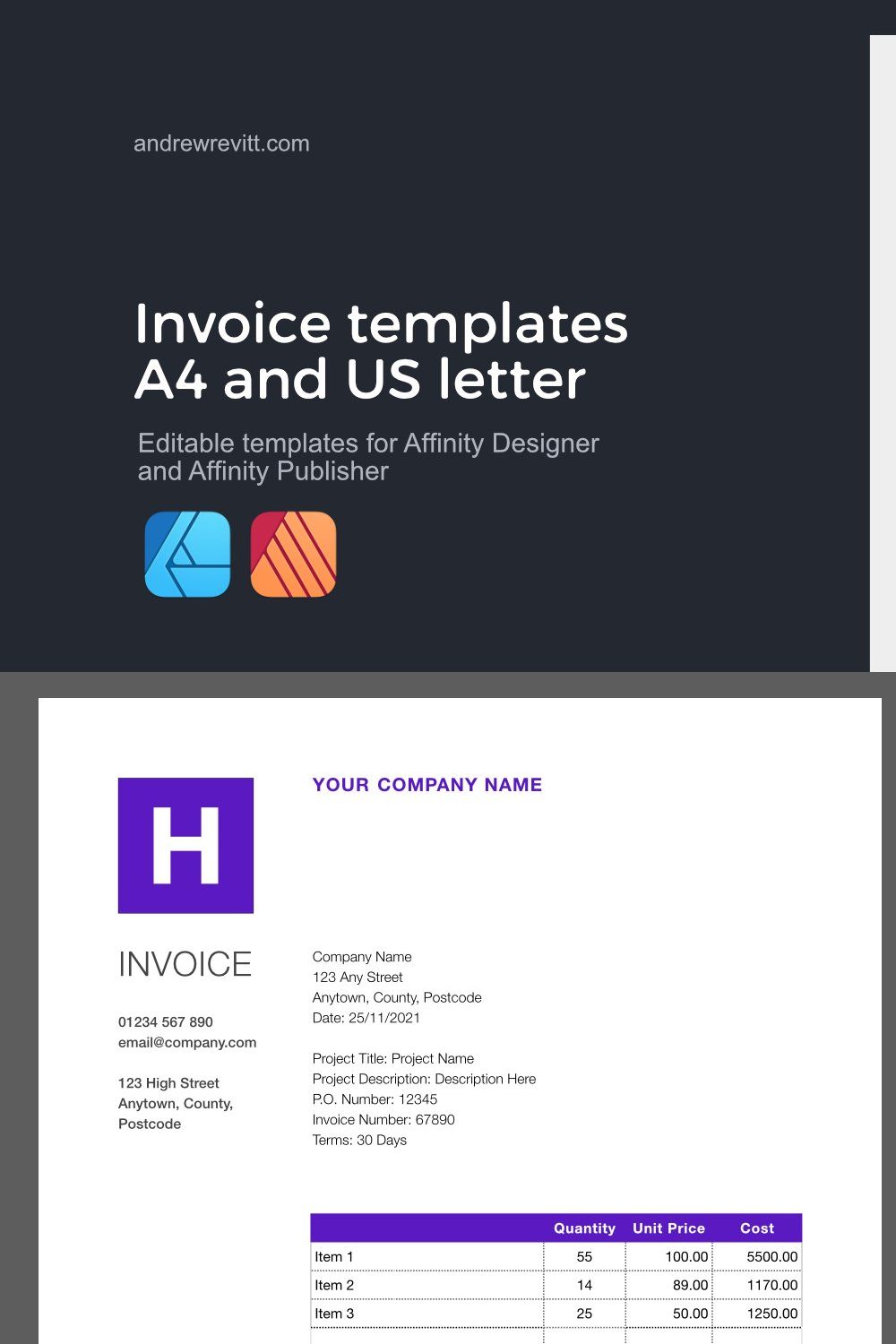 Invoice templates for Affinity pinterest preview image.