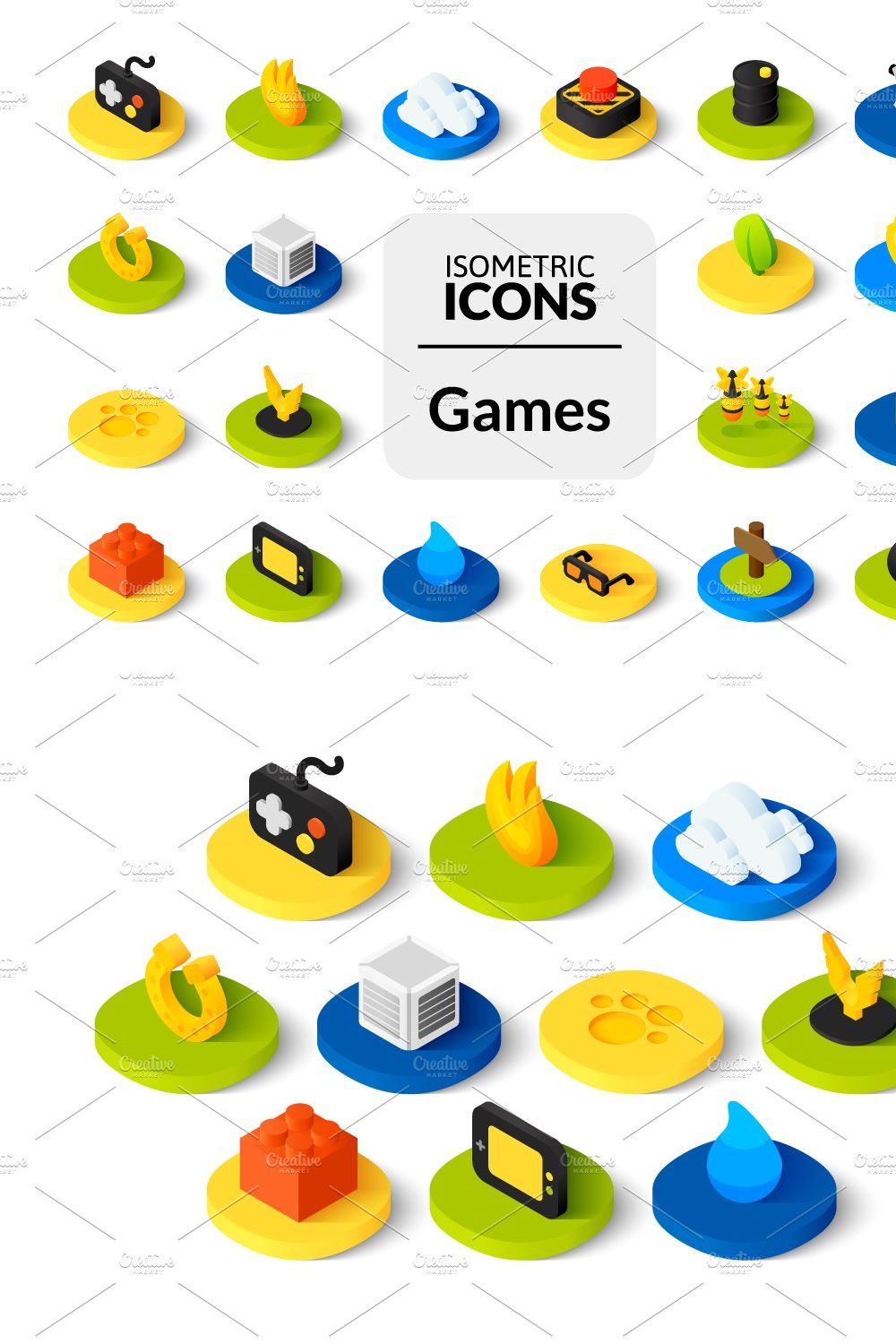 Isometric icons - Games pinterest preview image.