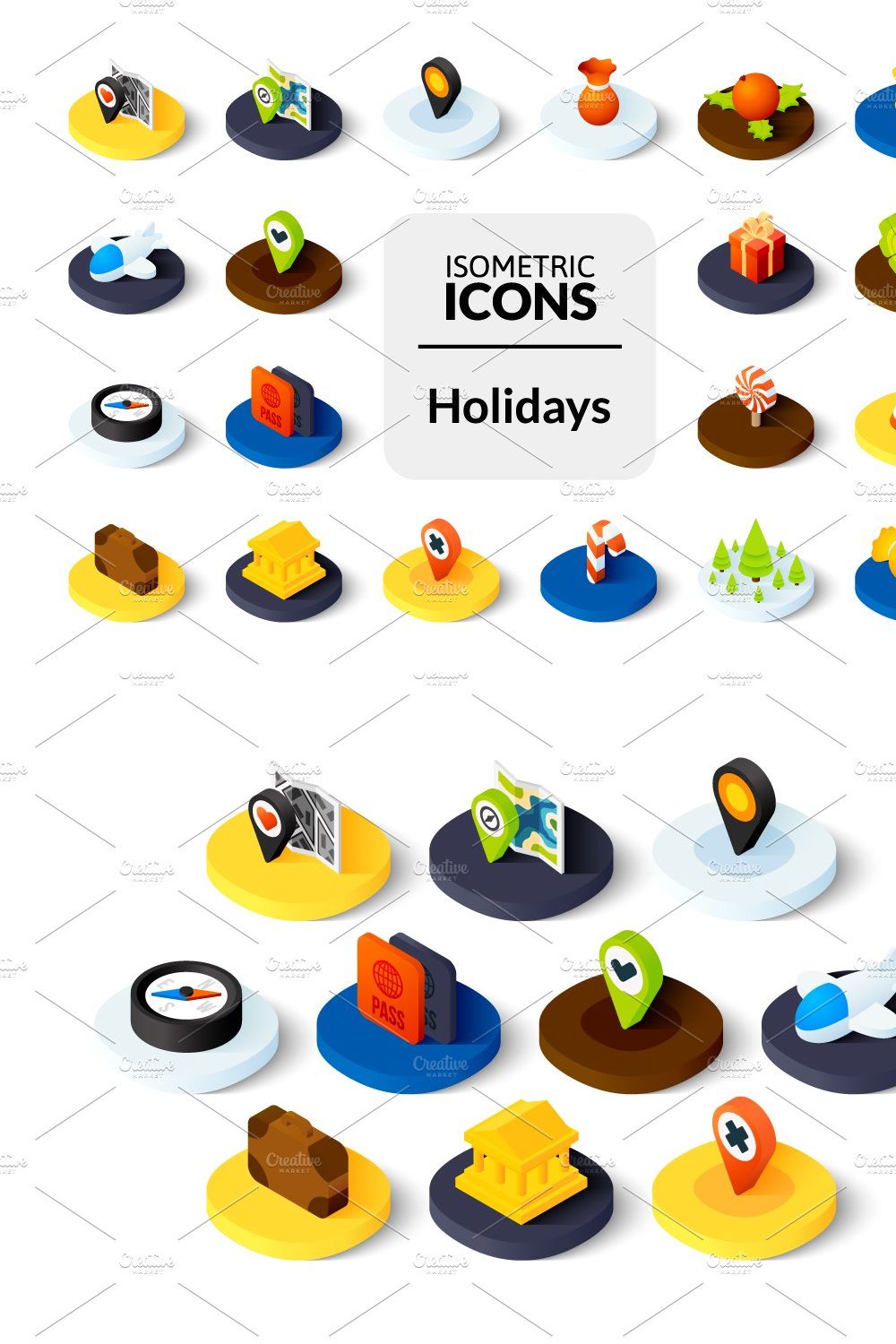 Isometric icons - Holidays pinterest preview image.
