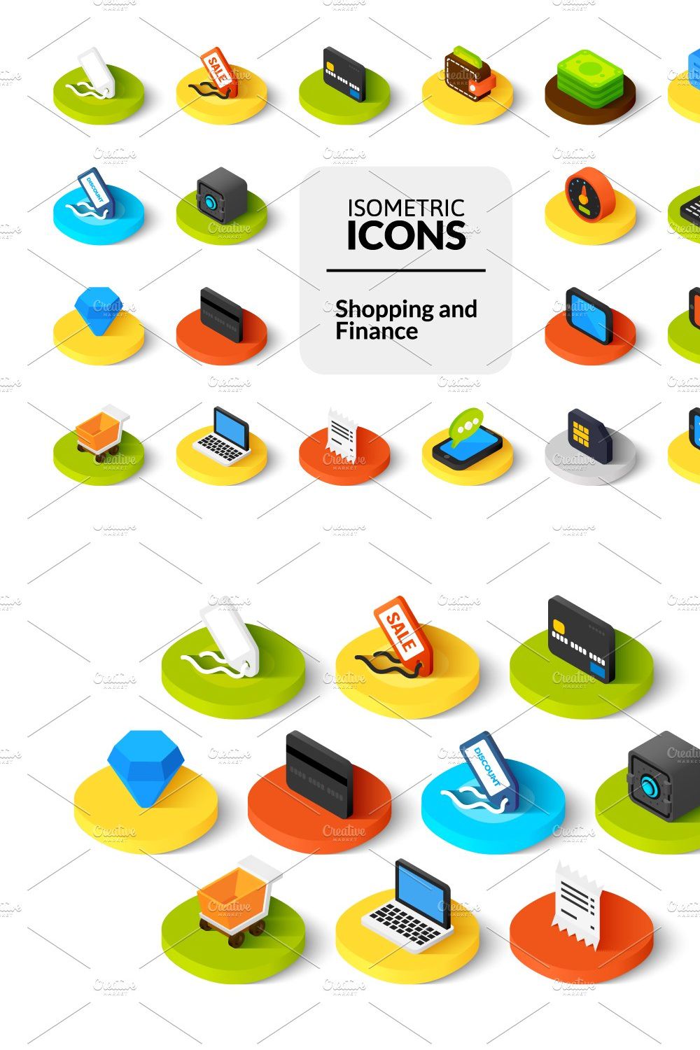 Isometric icons - Shopping, Finance pinterest preview image.