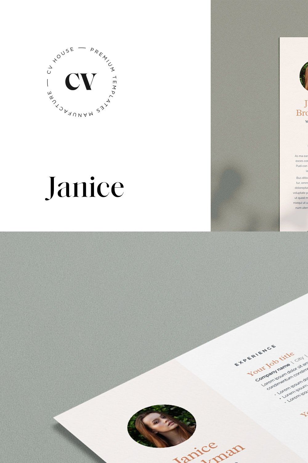 Janice | CV / resume template pinterest preview image.