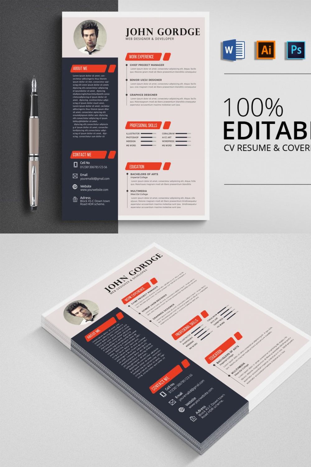 Job CV Resume Word Template pinterest preview image.