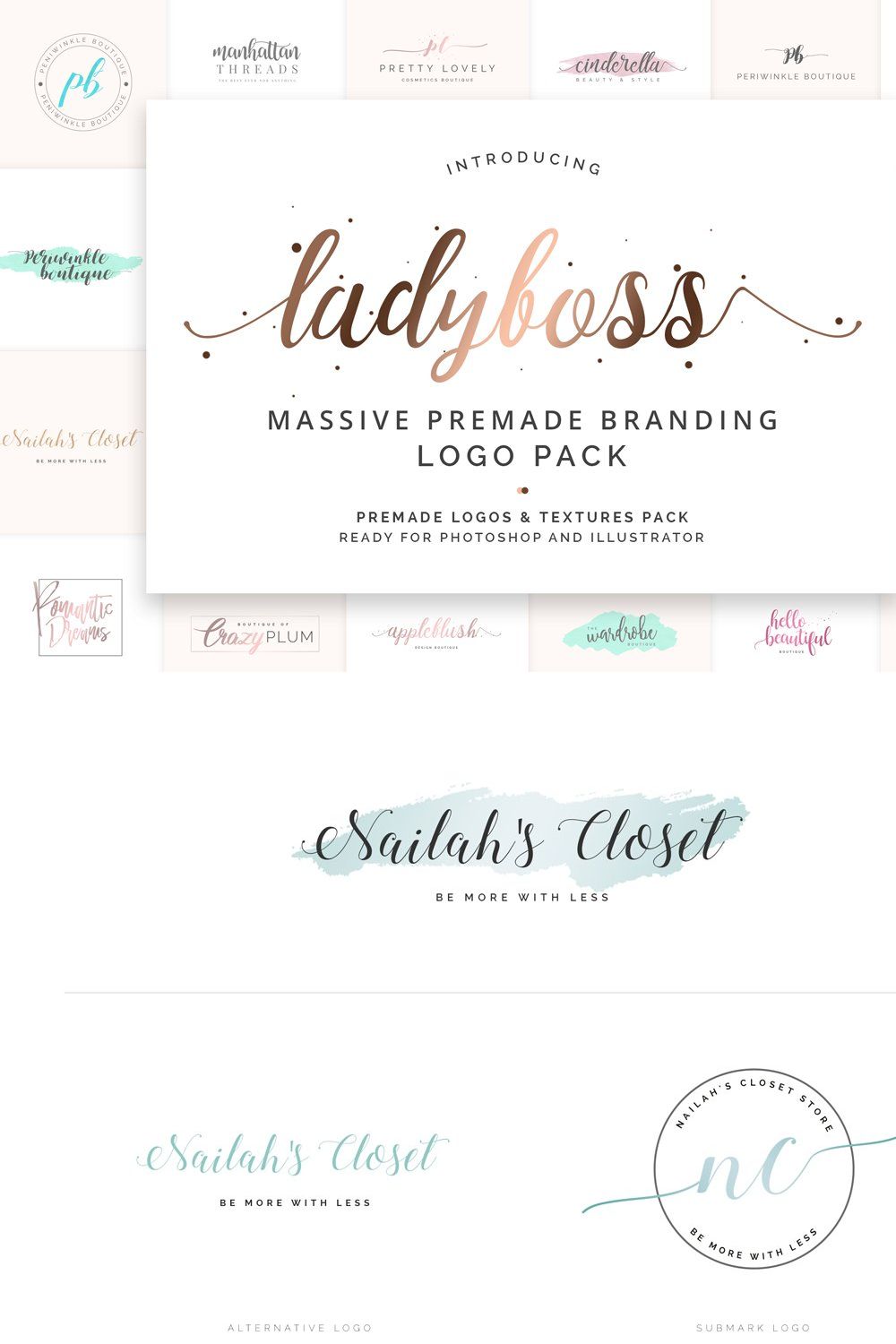 Ladyboss Premade Branding Logos pinterest preview image.