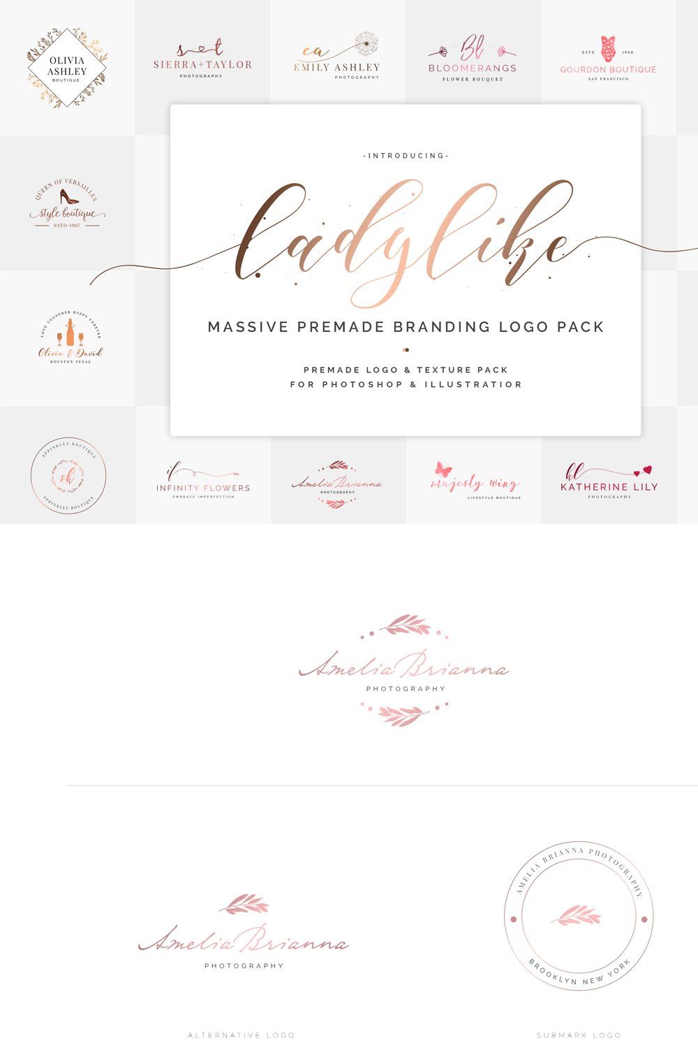 Ladylike Premade Branding Logos pinterest preview image.