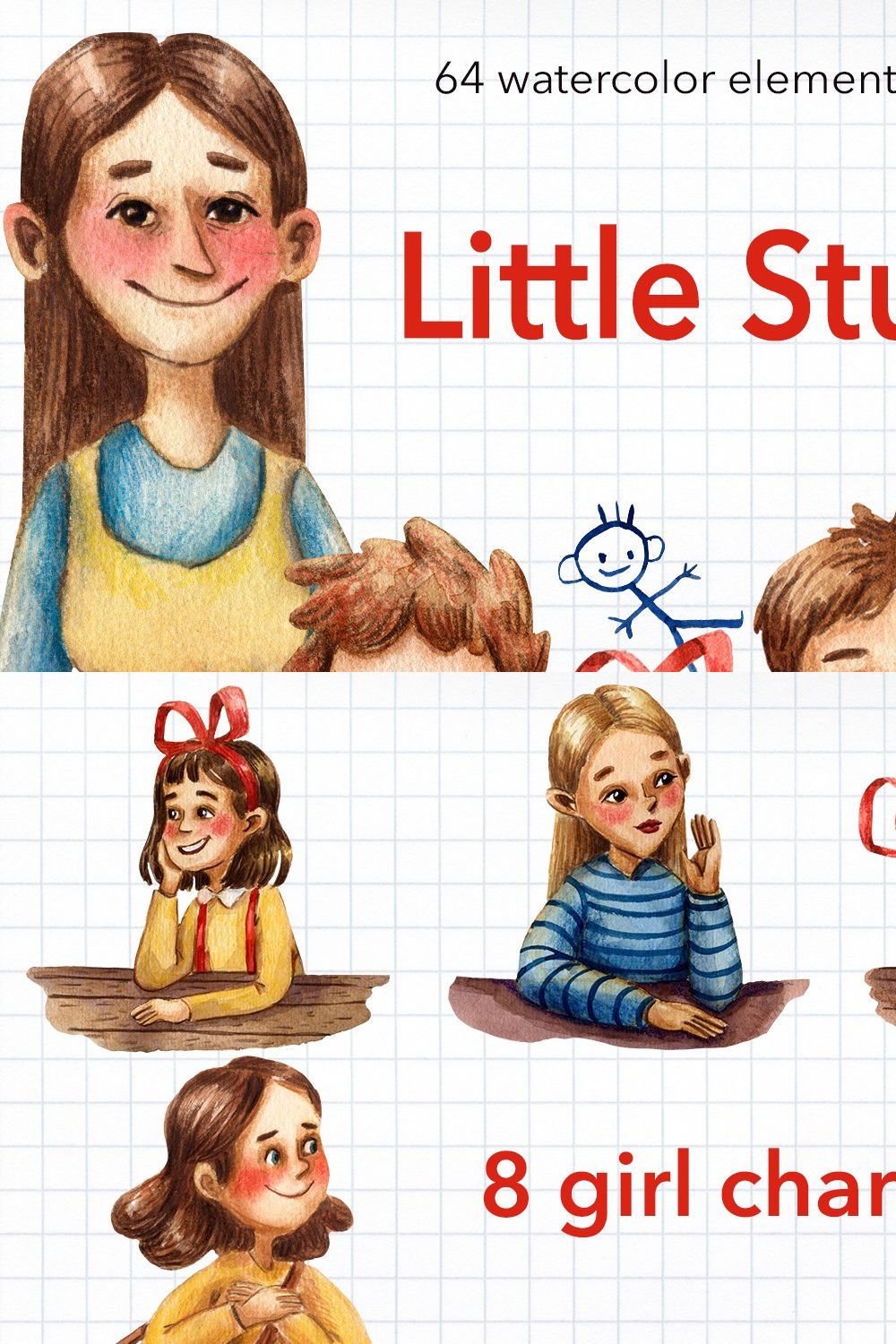 Little Students - Watercolor Clipart pinterest preview image.