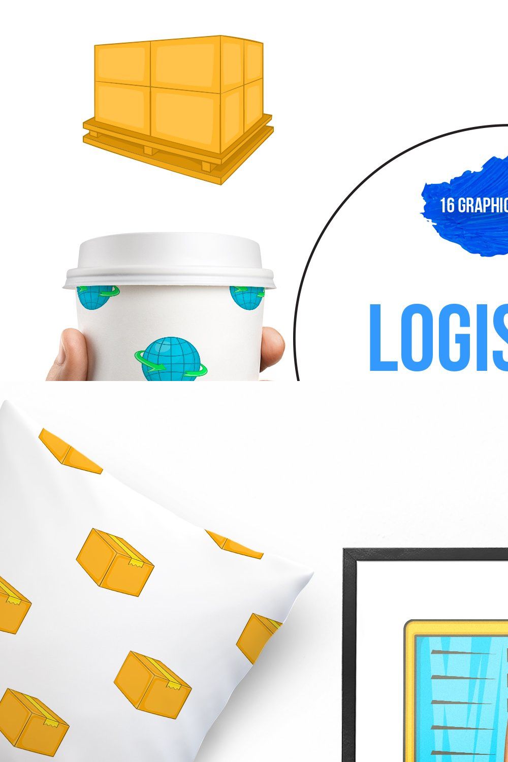 Logistics icons set, cartoon style pinterest preview image.