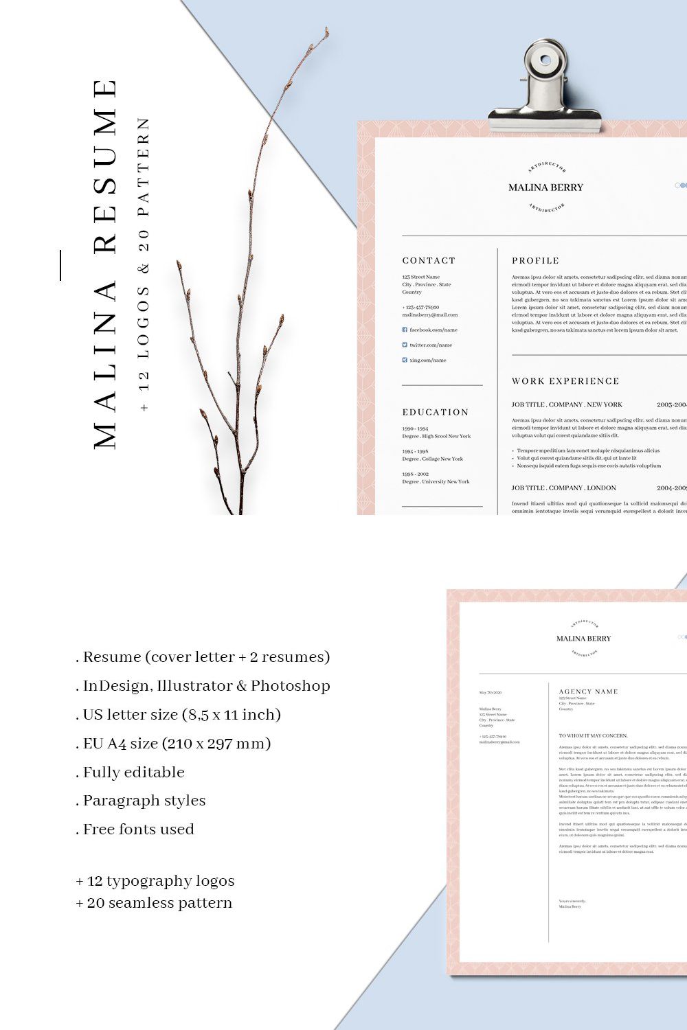 MALINA Resume – 3 Pages + Bonus pinterest preview image.