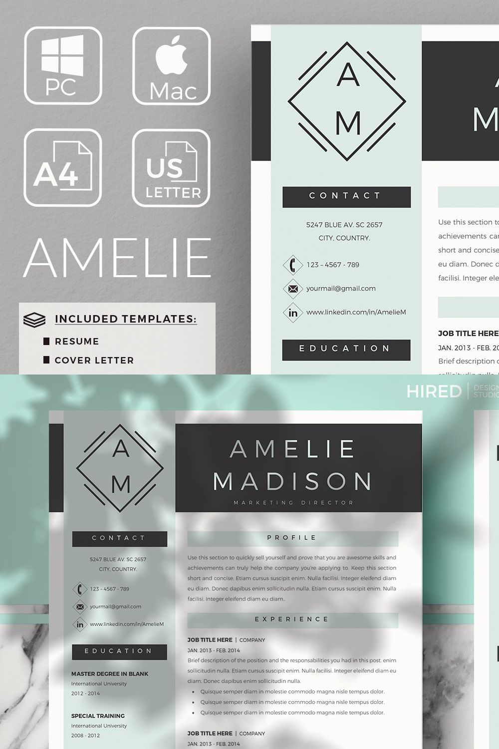 Marketing Resume CV for Word & Pages pinterest preview image.