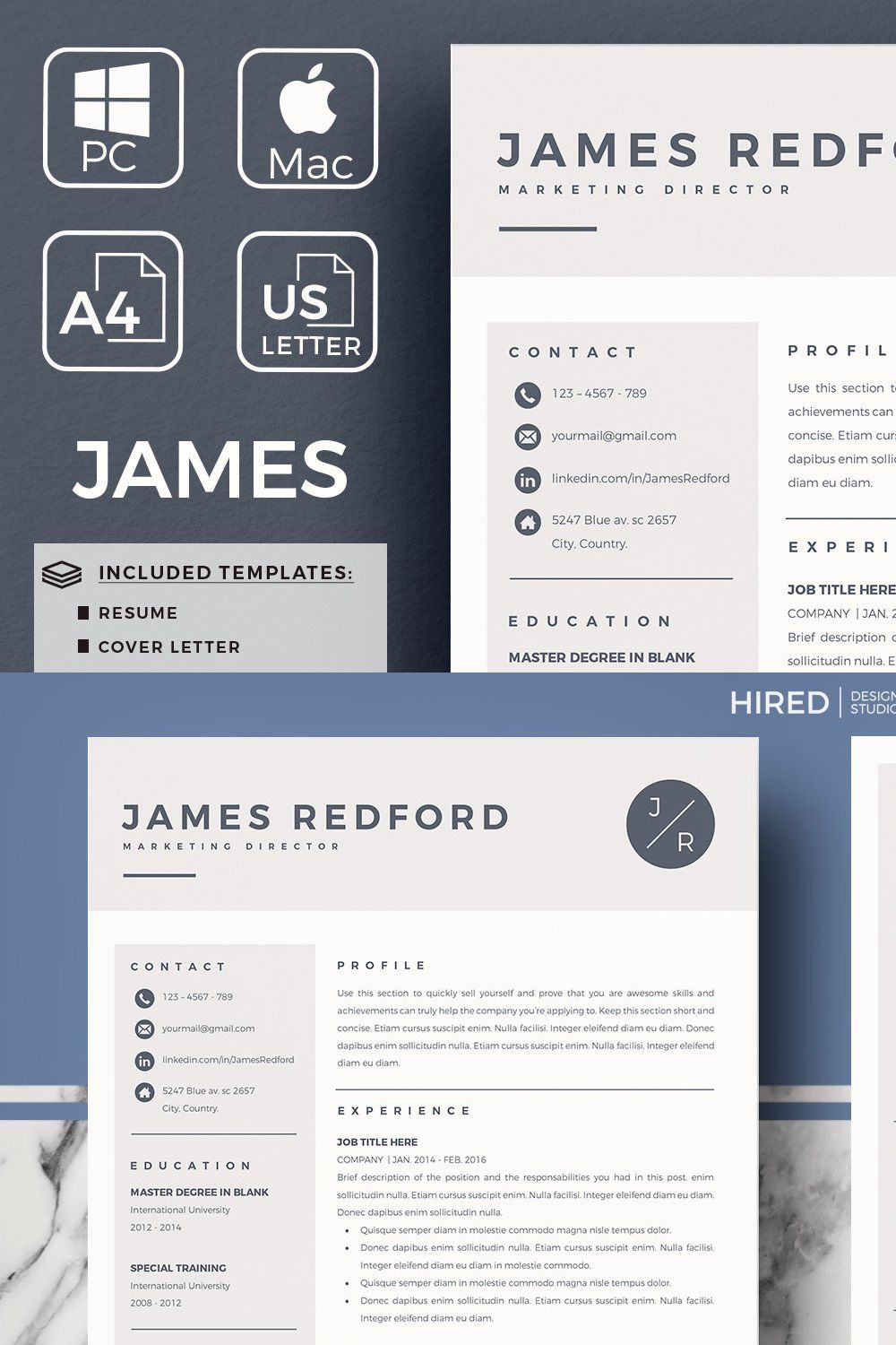 Marketing Resume CV With Logo + icon pinterest preview image.