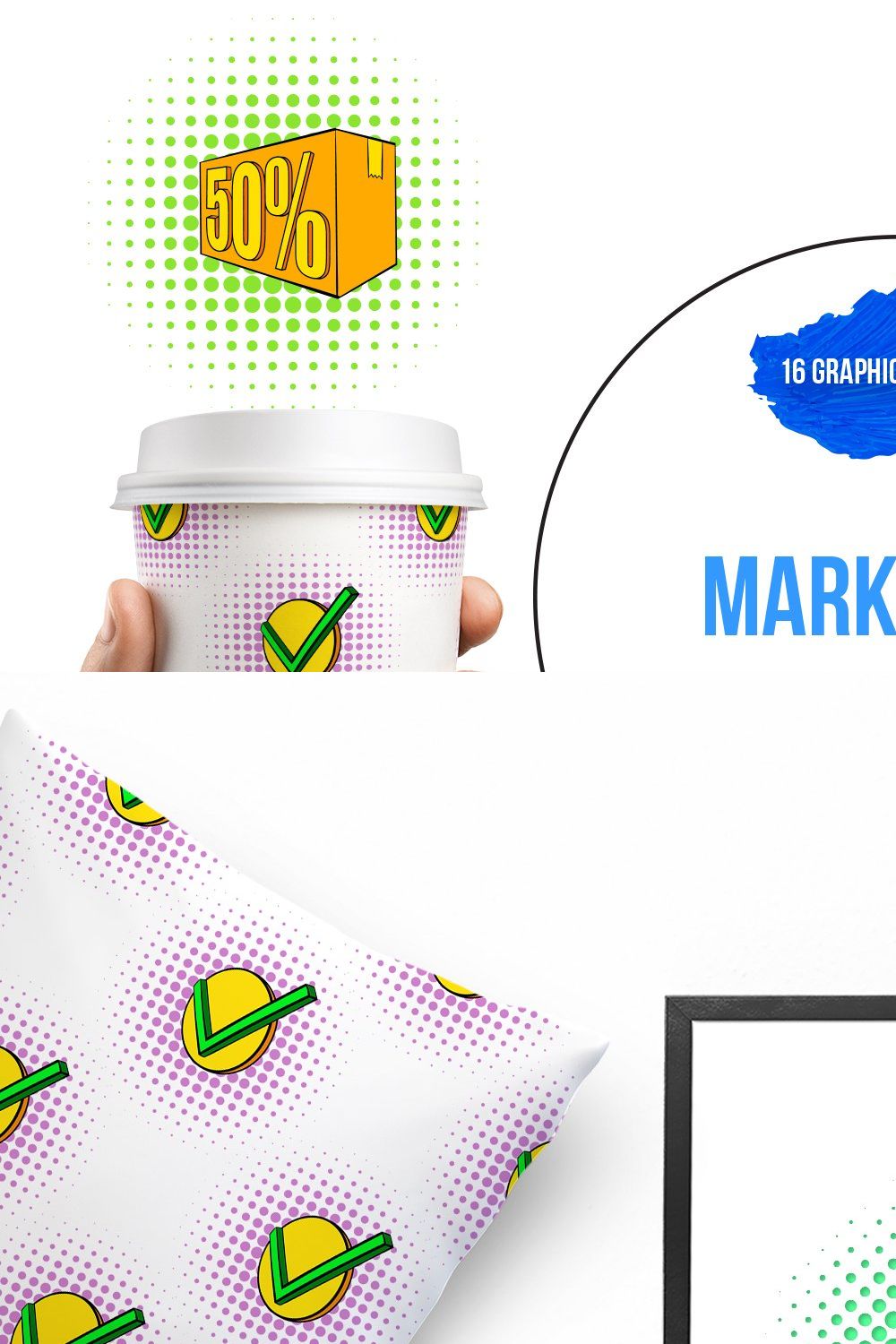 Marketing set icons, pop-art style pinterest preview image.