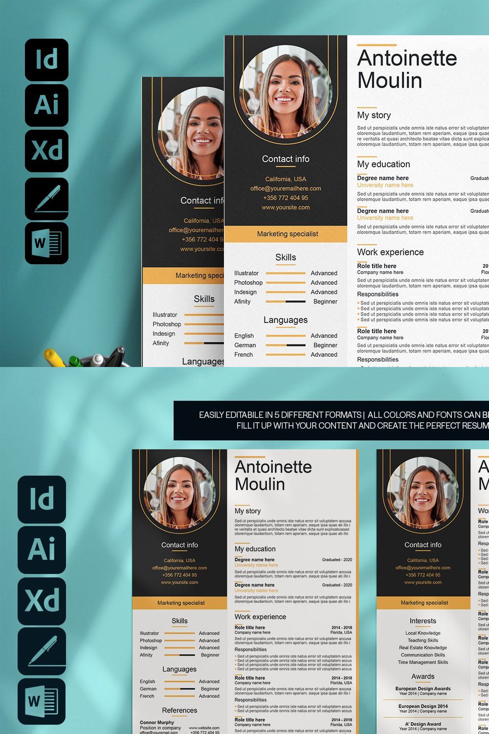 Marketing specialist resume template pinterest preview image.
