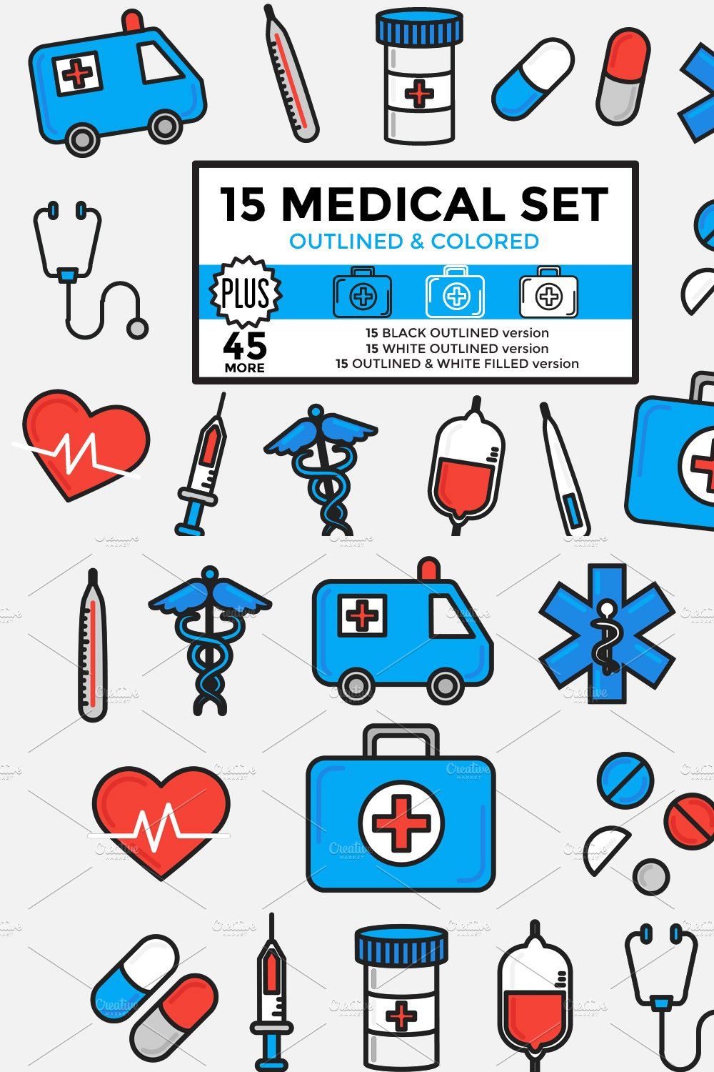 Medical Set Outlined & Colored pinterest preview image.