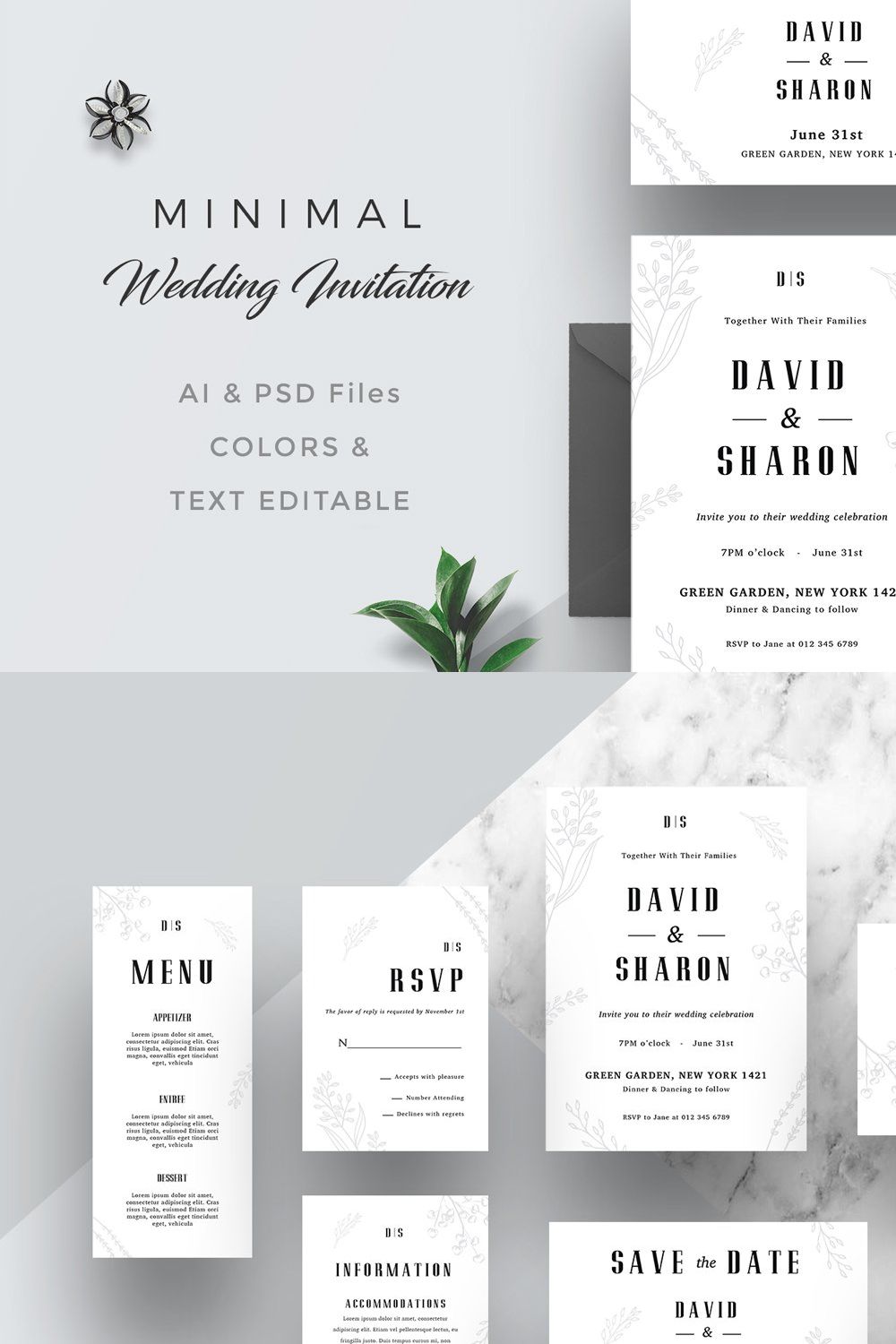 Minimal Wedding Invitation Suite pinterest preview image.