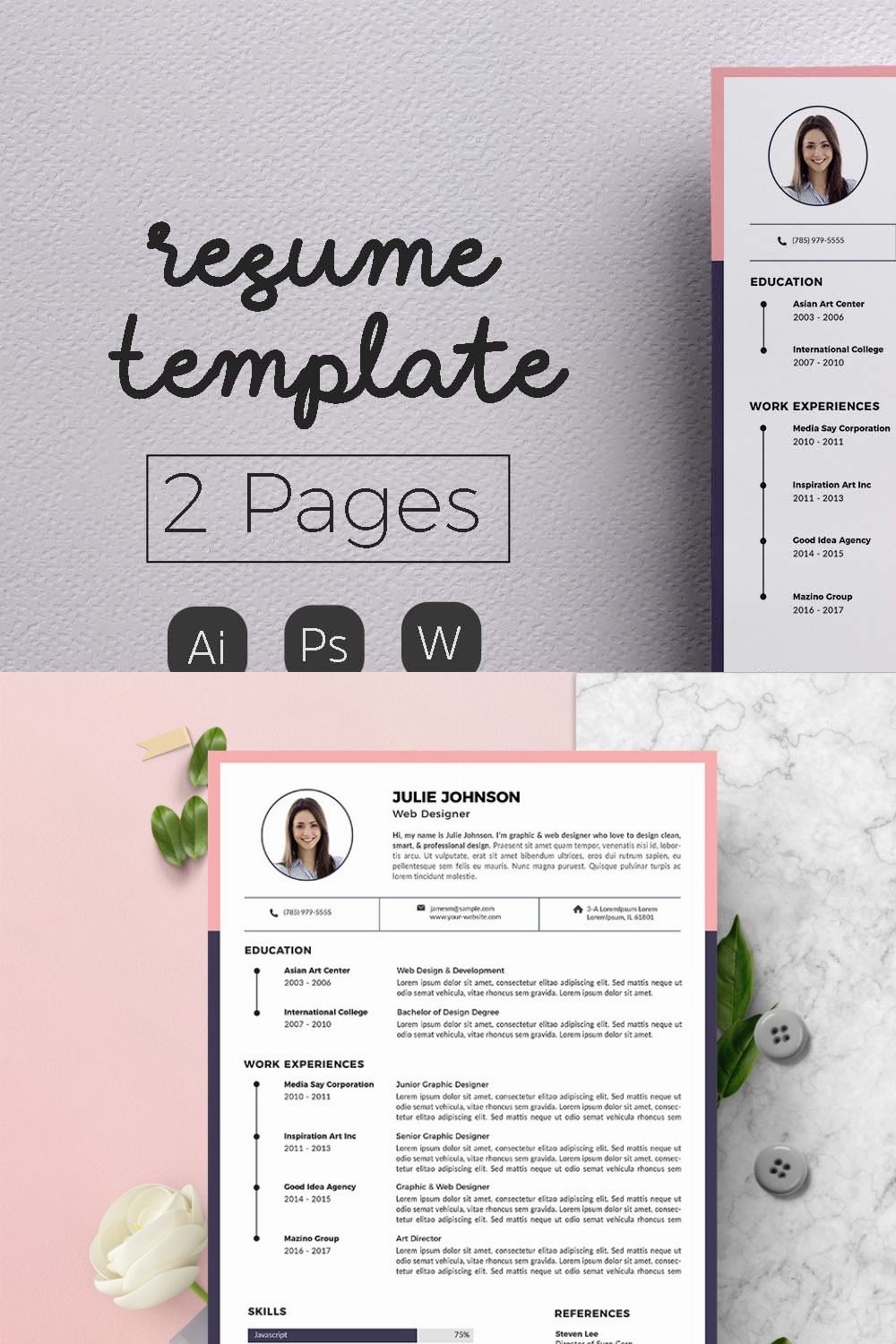 Modern Resume & CV Template pinterest preview image.
