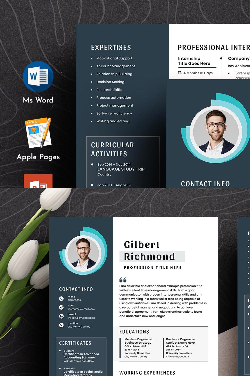 Modern Resume Cv Template Word Pages pinterest preview image.
