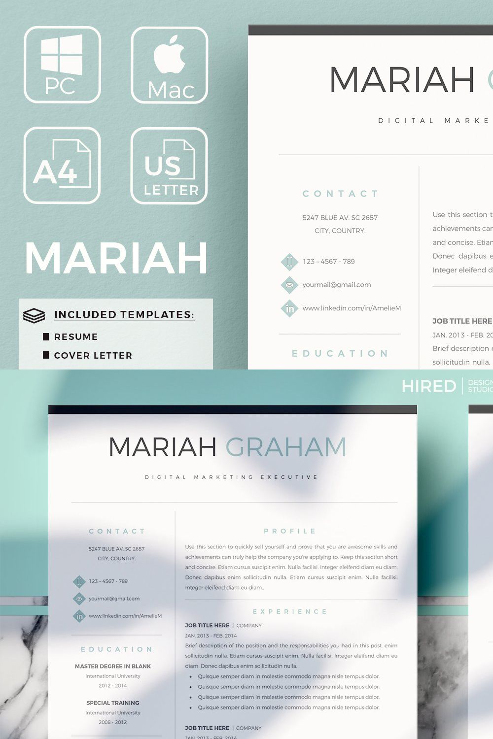 Modern Resume design + Cover Letter pinterest preview image.
