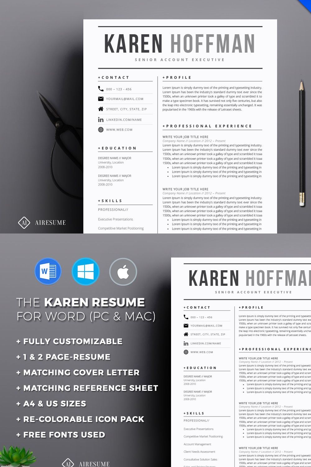 Modern Resume Template pinterest preview image.