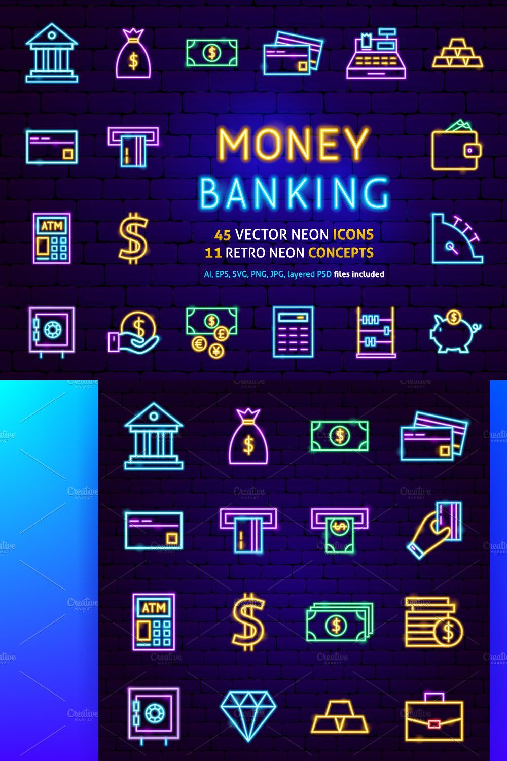 Money Banking Finance Neon Icons Set pinterest preview image.