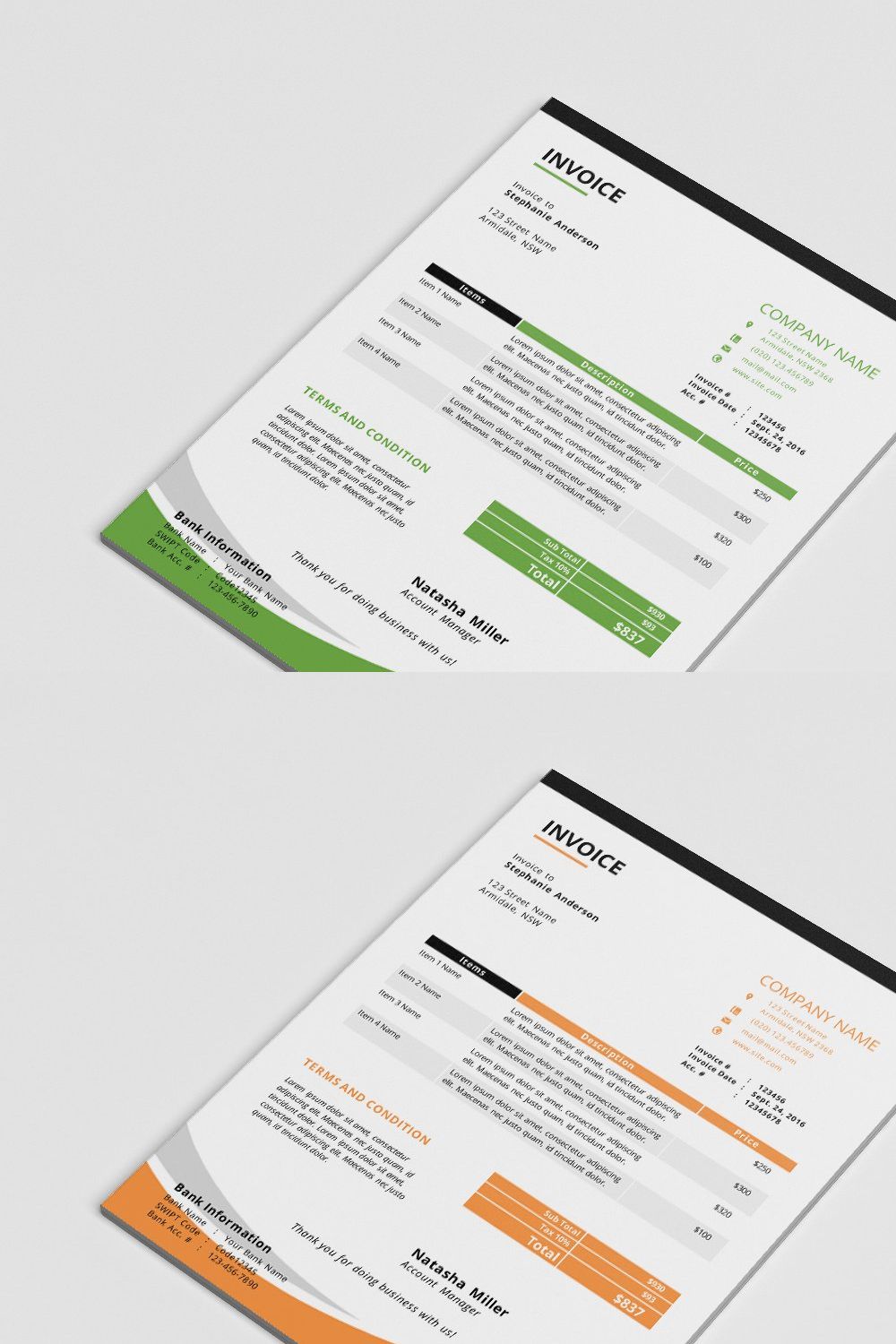 MS Word corporate invoice template pinterest preview image.