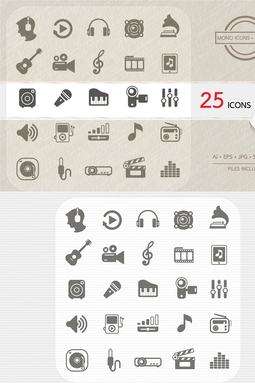 Music icons set. Vector pinterest preview image.