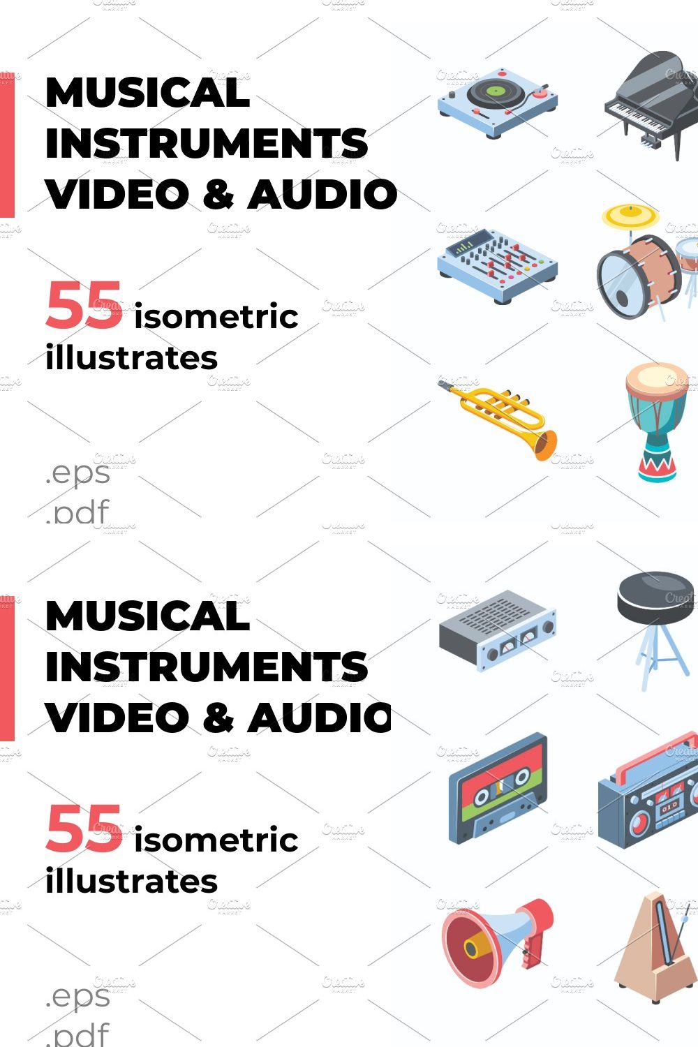 Music & Instruments isometric icons pinterest preview image.
