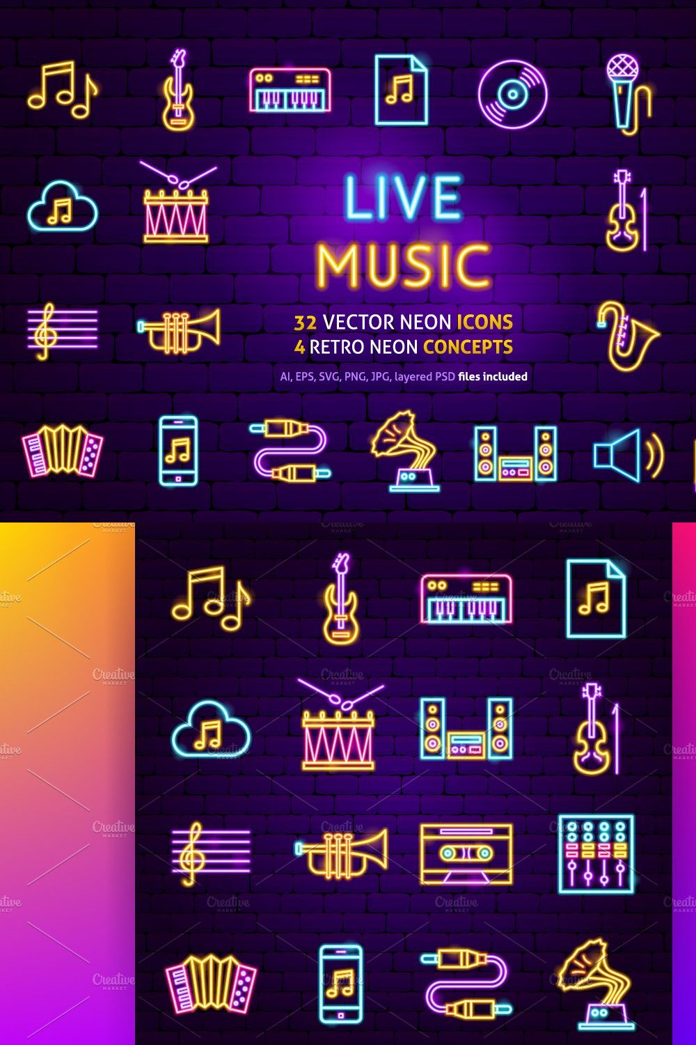 Music Neon Vector Icons Set pinterest preview image.