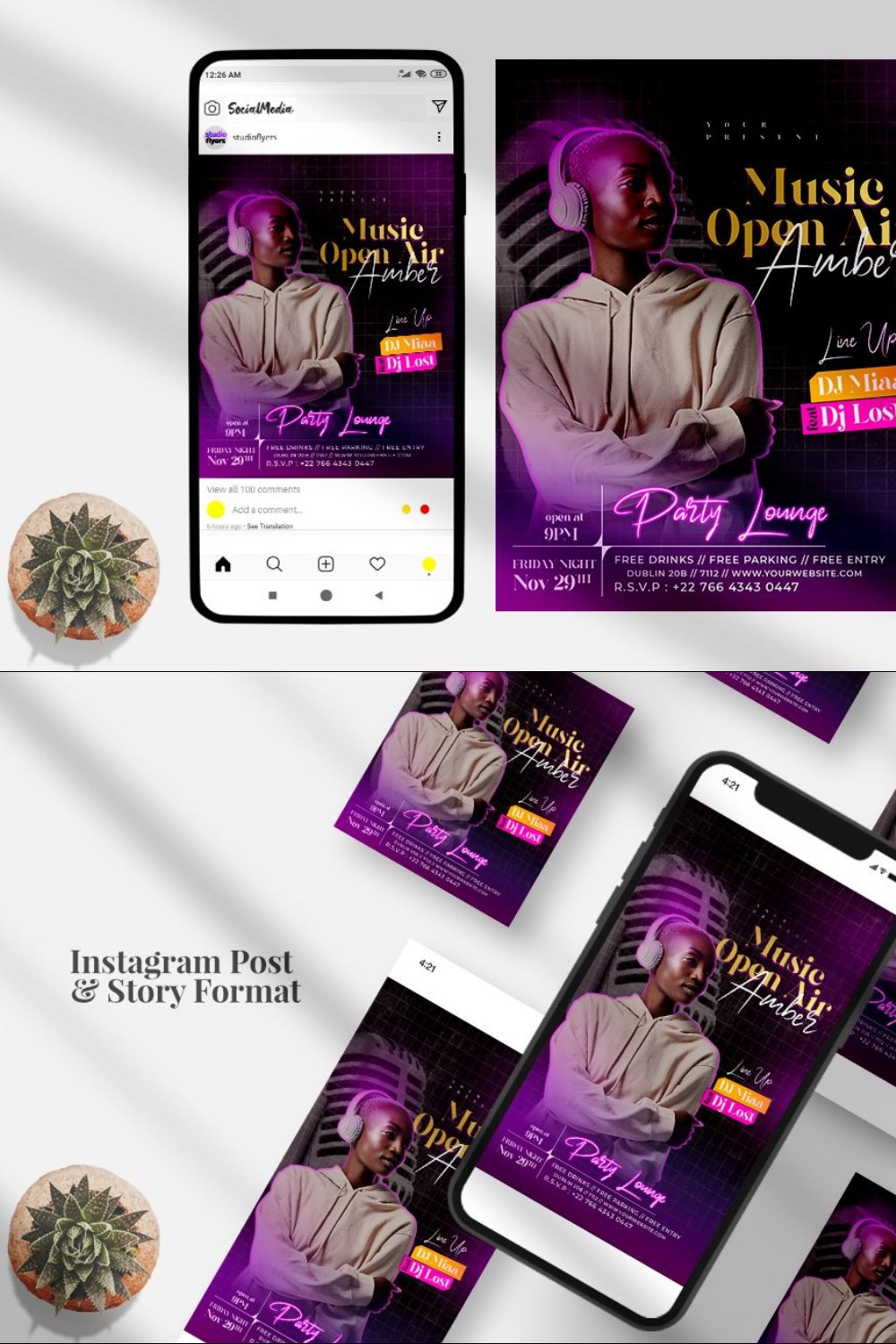 Music Night Events Instagram (PSD) pinterest preview image.