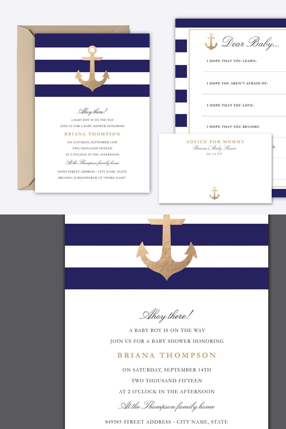 Nautical Navy Baby Shower Invite pinterest preview image.